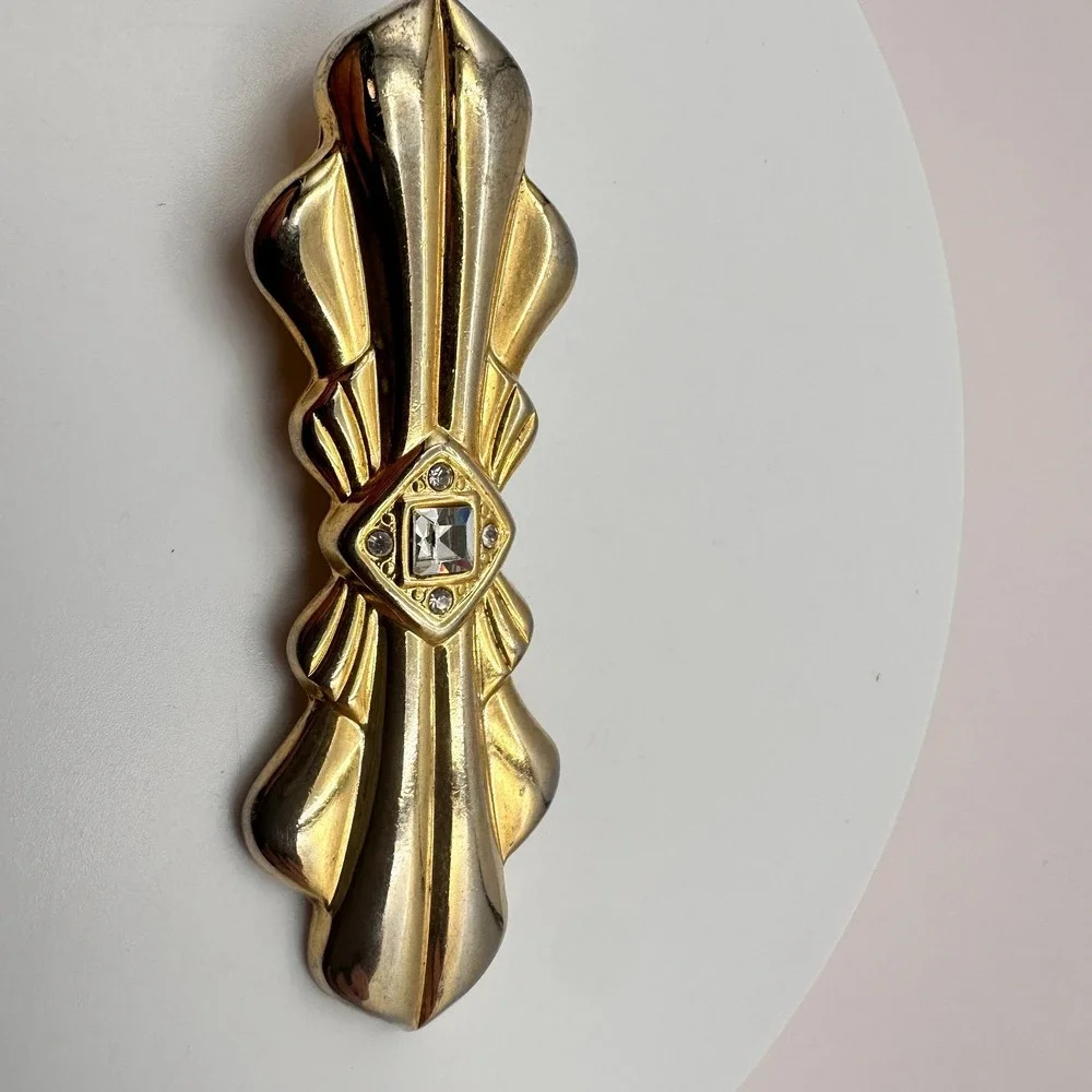 Vintage Rhinestone Bar Brooch Gold Tone Clear Crystal Statement Elegant Pin 90s